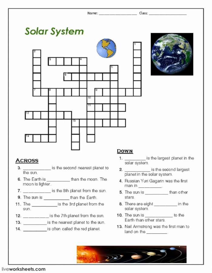 Crossword worksheet featuring images of planets for third graders