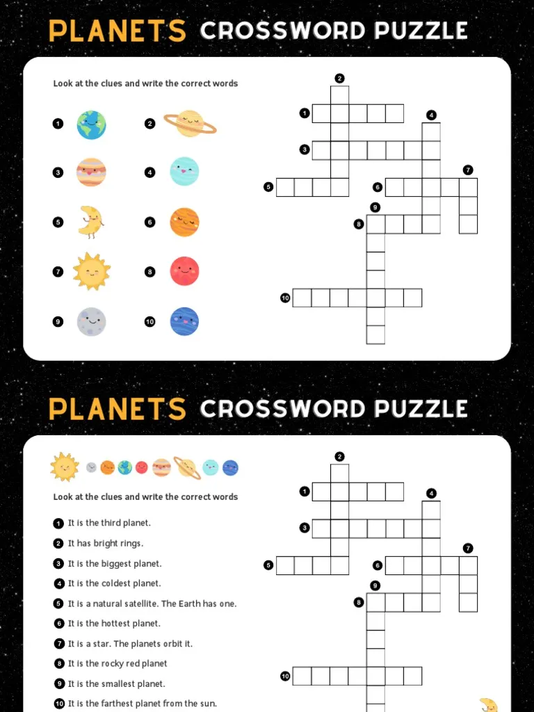Crossword worksheet featuring planet images for third graders to explore Earth and Space Science
