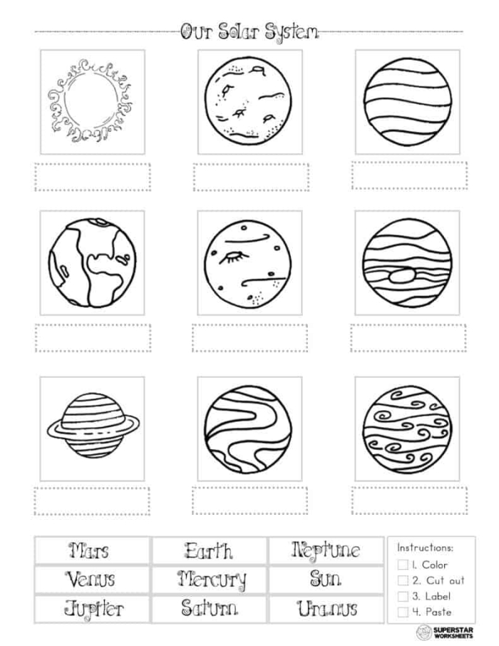 Third grade student completing a labeled diagram of the planets in our solar system worksheet