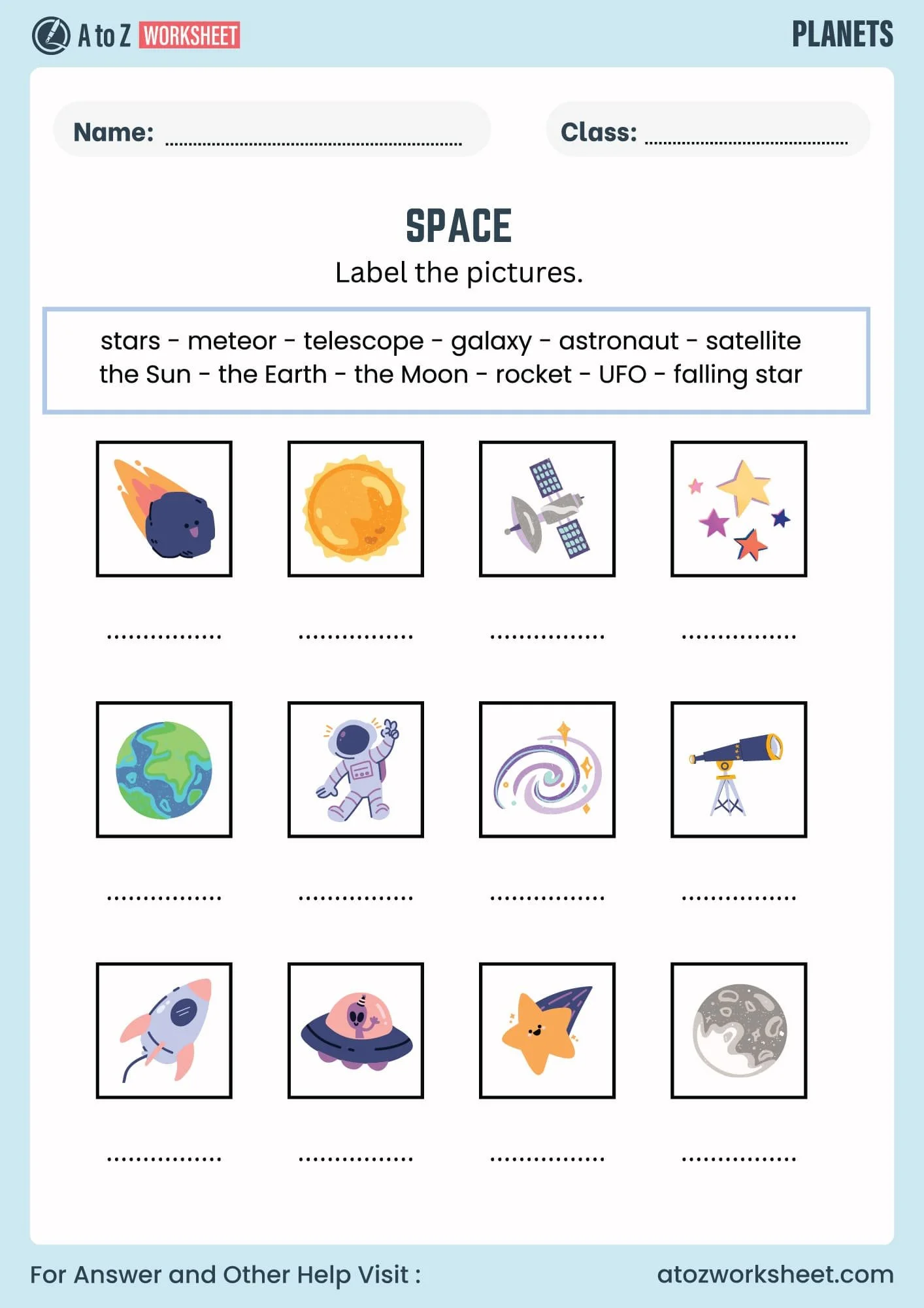 Third grade division worksheet showing the eight planets of our solar system with blank lines for children to write planet names