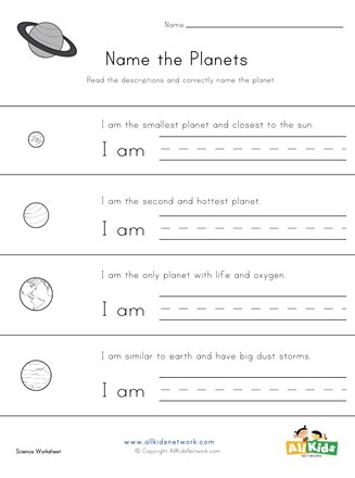Third grade student worksheet for labeling the eight planets in the solar system