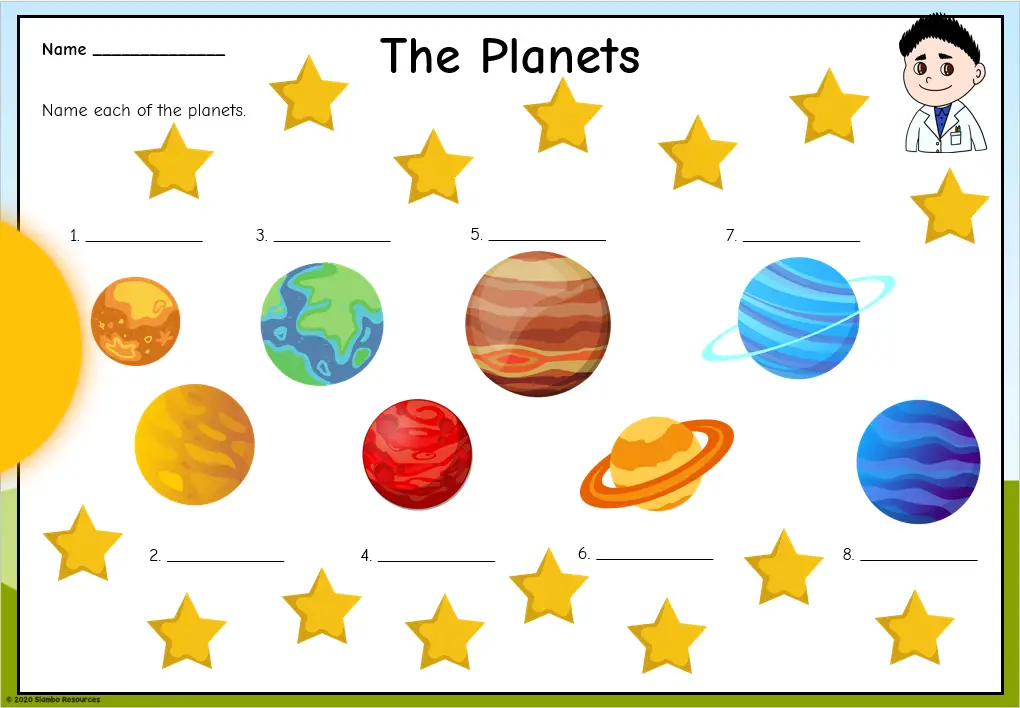 Third grade student worksheet for labeling the eight planets in our solar system