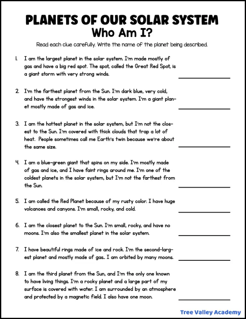 Third grade science worksheet featuring numbered planets in orbit for students to label