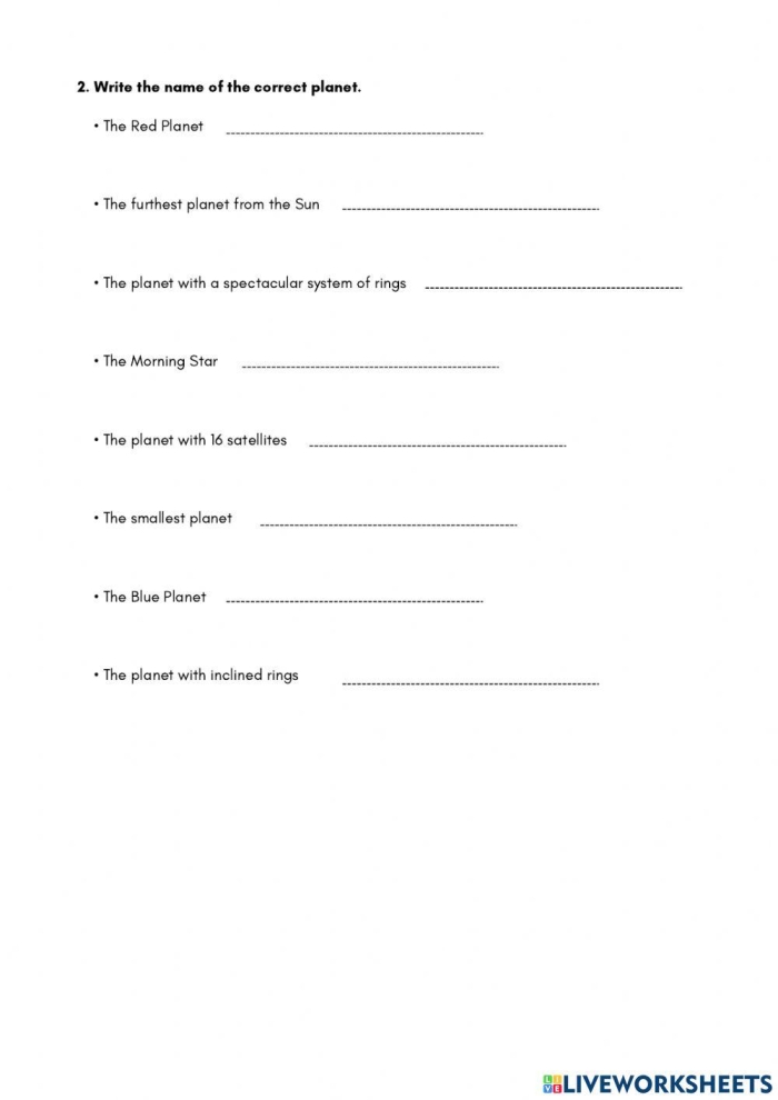 Third grade division worksheet showing eight planets of the solar system labeled with numbers for children to identify and name