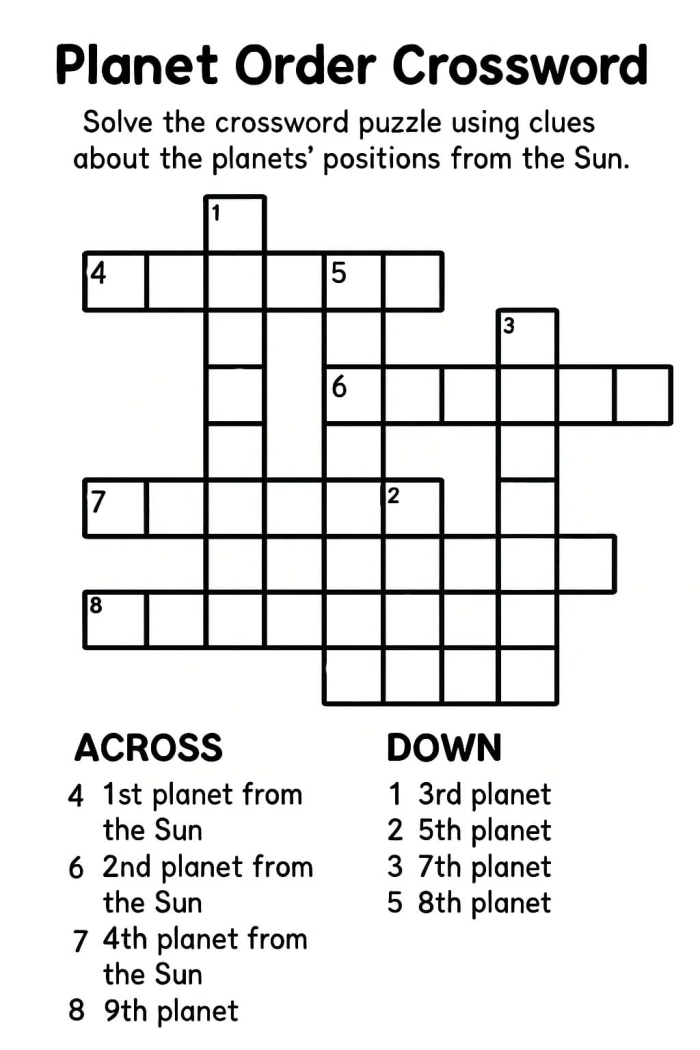 Crossword worksheet featuring pictures of the planets for third graders