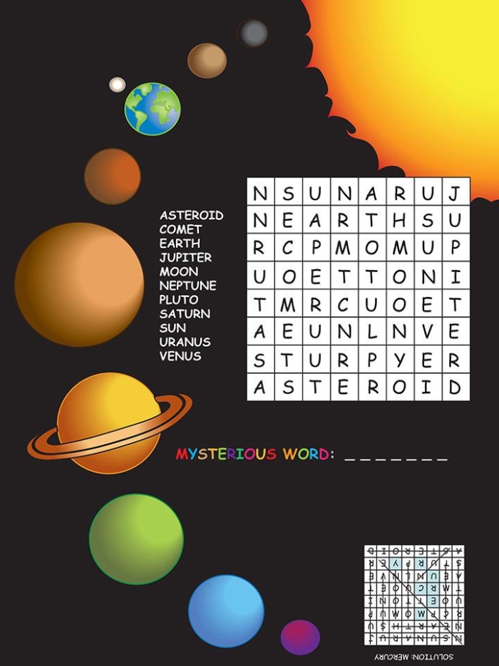 Crossword worksheet featuring planet pictures for third graders