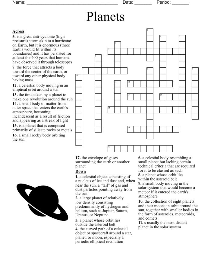 Crossword worksheet featuring planet pictures for third graders to solve