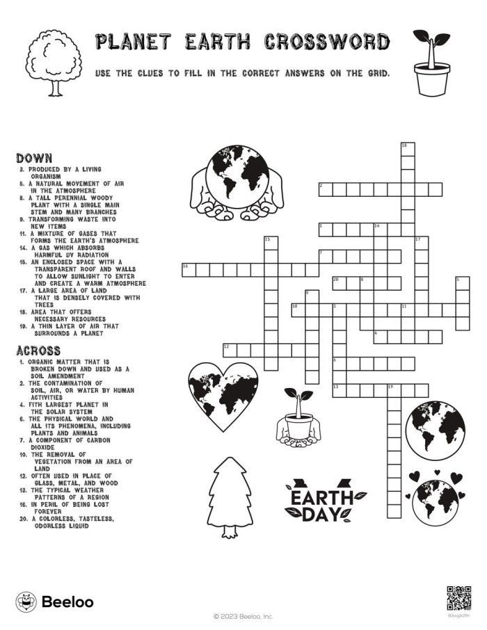 Colorful illustration of a Planet Pictures Crossword worksheet for third graders