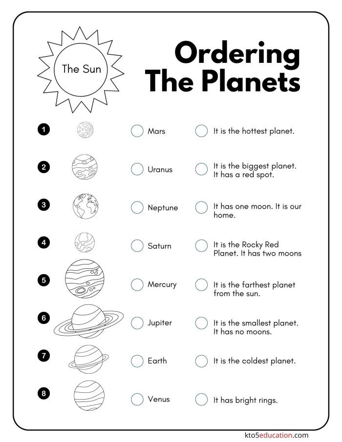 Third grade solar system worksheet featuring the order of the planets