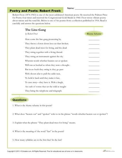 Engaging worksheet to explore rhymes with Robert Frost's poetry Robert Frost Rhyme Scheme worksheet for third graders featuring a fun poem activity