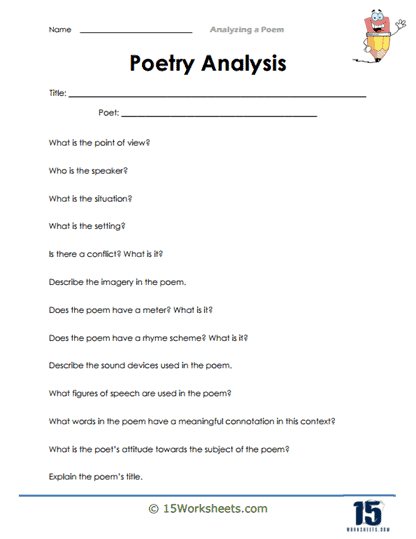 Analyzing a Poem worksheet for third grade students Graphic organizer for third graders to analyze a poem with guiding questions