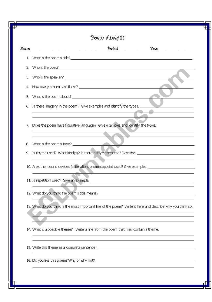 Visual guide for understanding poetry through targeted questions Graphic organizer for Analyzing a Poem worksheet designed for third graders