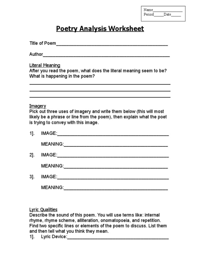 Graphic organizer for understanding and interpreting poetry in third grade Worksheet for analyzing a poem with guiding questions for third-grade students