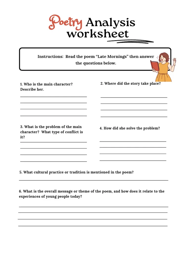 Visual guide for the Analyzing a Poem worksheet aimed at enhancing students' understanding of poems Analyzing a Poem worksheet graphic organizer for third graders to explore poetry comprehension