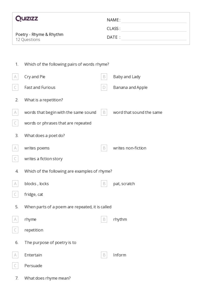 Rhythm in Poetry worksheet featuring "Casey at the Bat" for third graders
