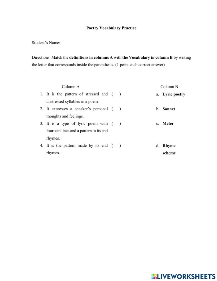 Poetry Vocabulary Diagram Worksheet for Grade 3 Image 22 Third grade poetry vocabulary worksheet featuring a diagram to teach poetic terms