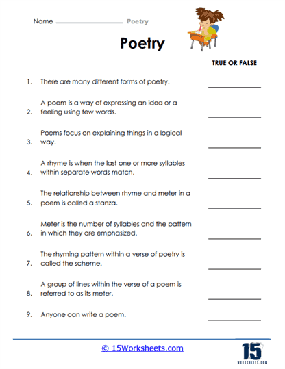 Poetry Vocabulary Worksheet Seven for Grade Three Students Third grade poetry vocabulary diagram worksheet for measurement learning