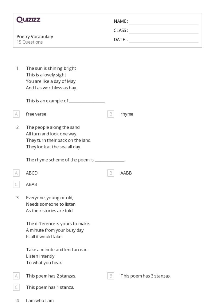 Poetry Vocabulary Diagram Worksheet 23 for Grade 3 Students Third grade poetry vocabulary worksheet featuring a labeled diagram for literary terms
