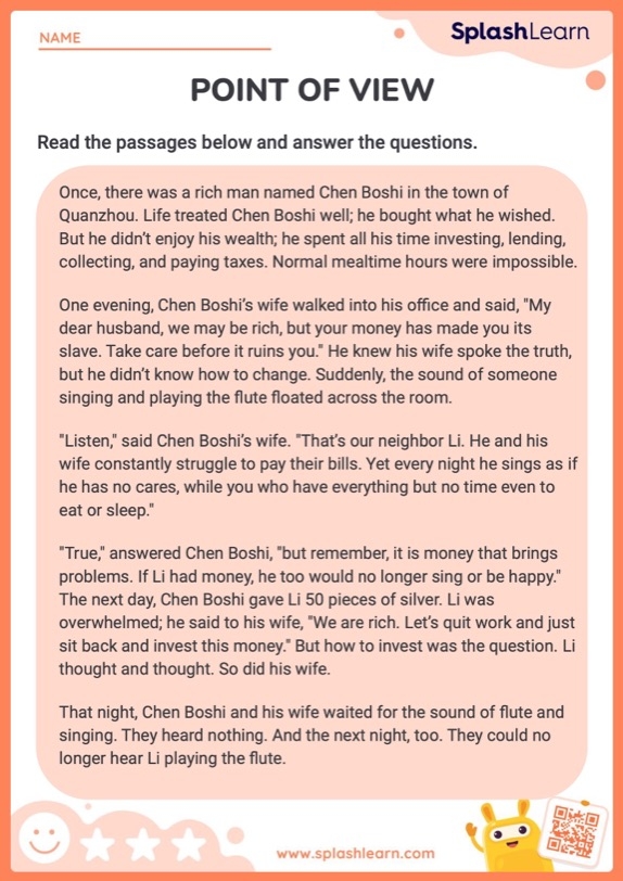 Reading worksheet for Third Grade Worksheet for third graders to explore point of view in storytelling. Point of View: A Surprising Setback worksheet for reading practice.