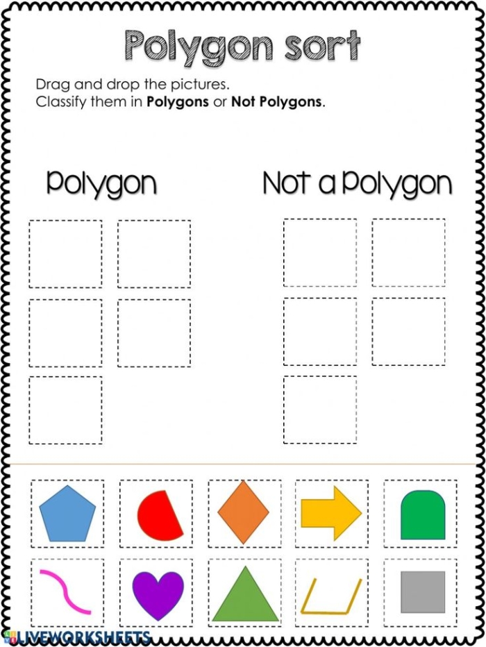 Polygon Shape Sort worksheet for third graders focusing on categorizing different polygons. Engaging activity for students to classify shapes based on their properties.