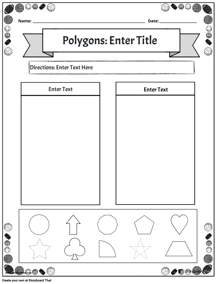 Colorful worksheet for sorting different polygon shapes by category