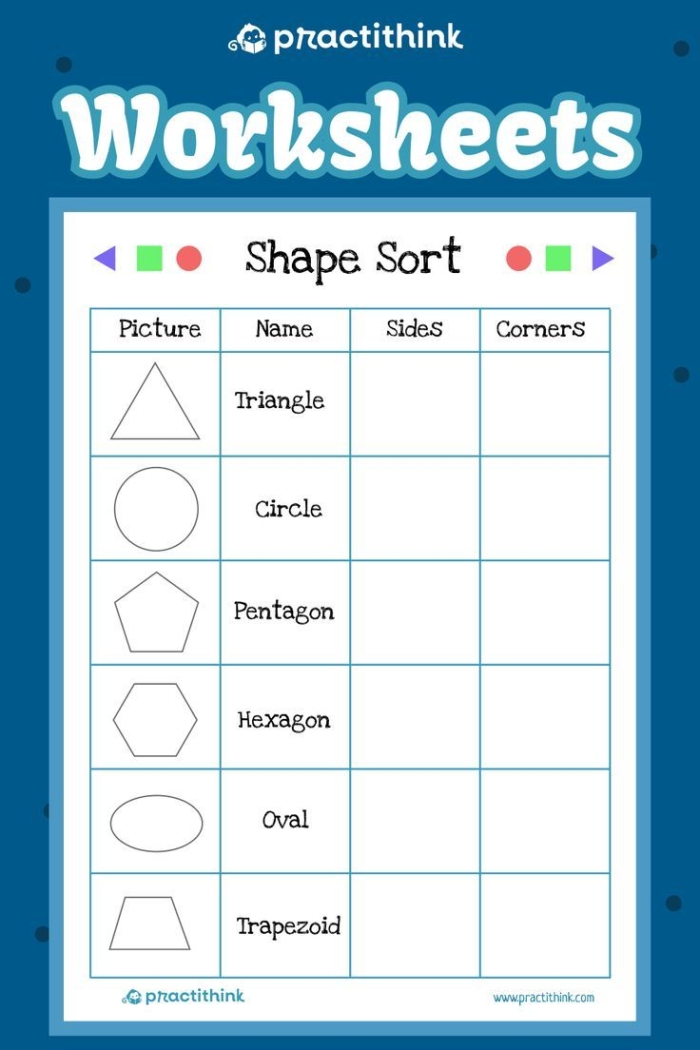 Colorful worksheet for third graders to sort polygon shapes into categories