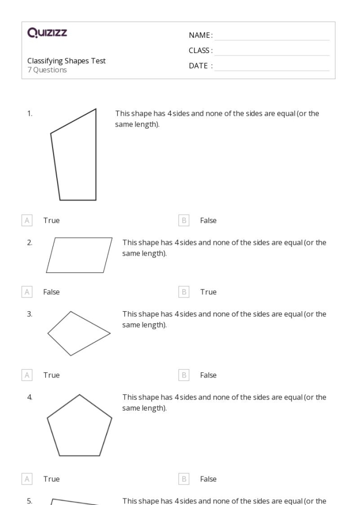 Third grade geometry worksheet showing polygon shapes organized by their characteristics and sides for formative assessment