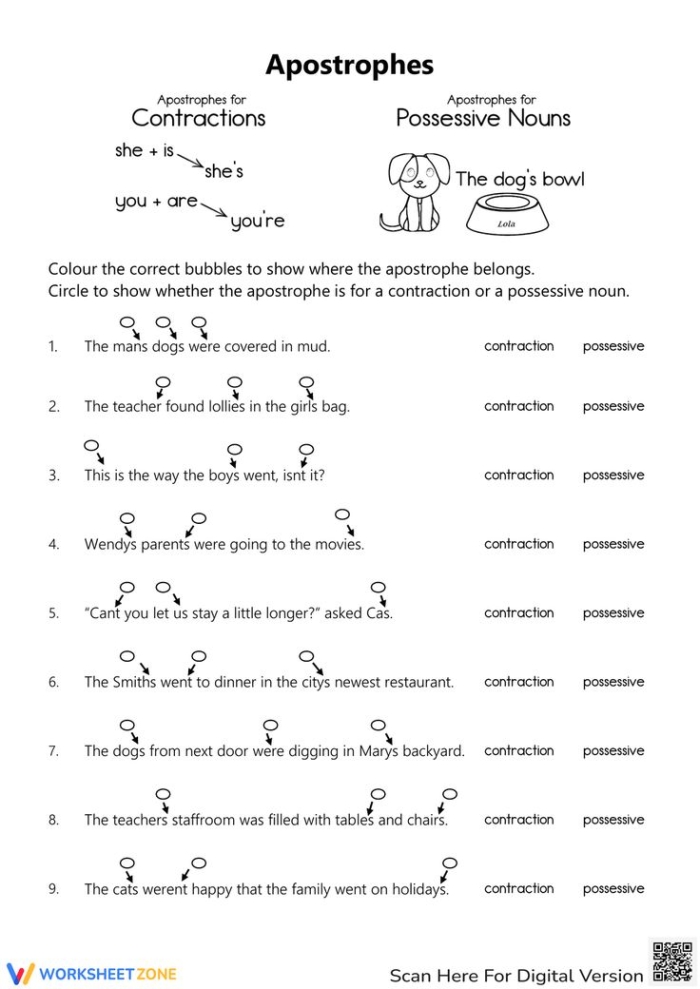 Third grade phonics worksheet demonstrating correct placement of possessive apostrophes in plural and singular nouns with examples like womens hats