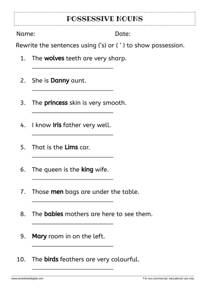 Third grade phonic worksheet showing examples of how to correctly place possessive apostrophes in plural nouns