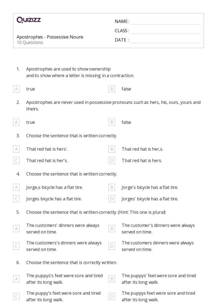Third grade possessive apostrophe worksheet showing correct placement in noun examples like womens hats