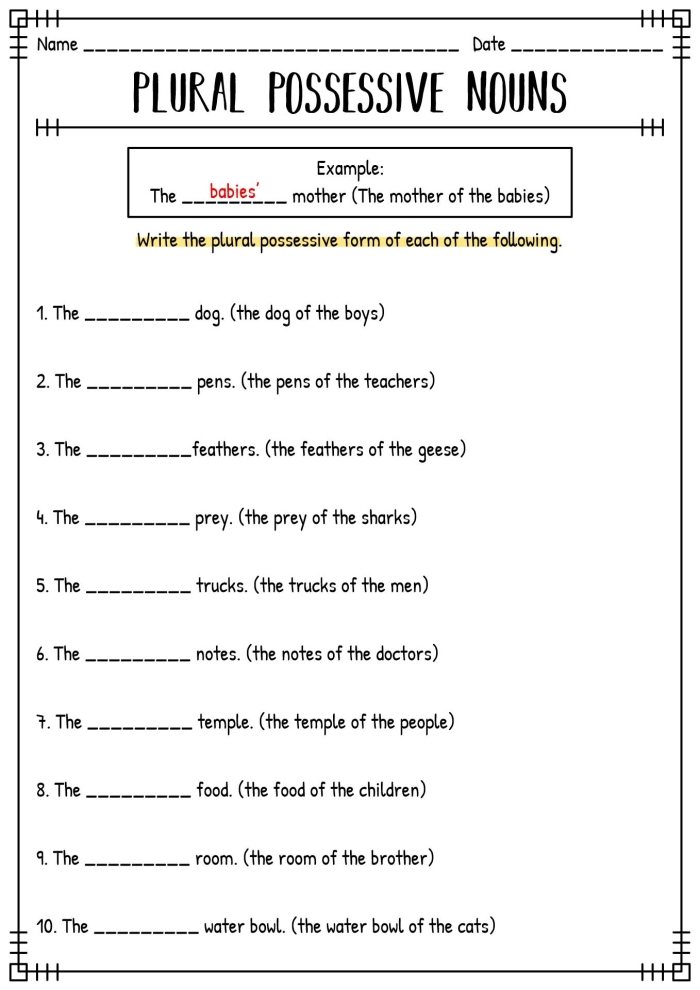 Third grade student completing a possessive pronouns grammar worksheet for geometry class