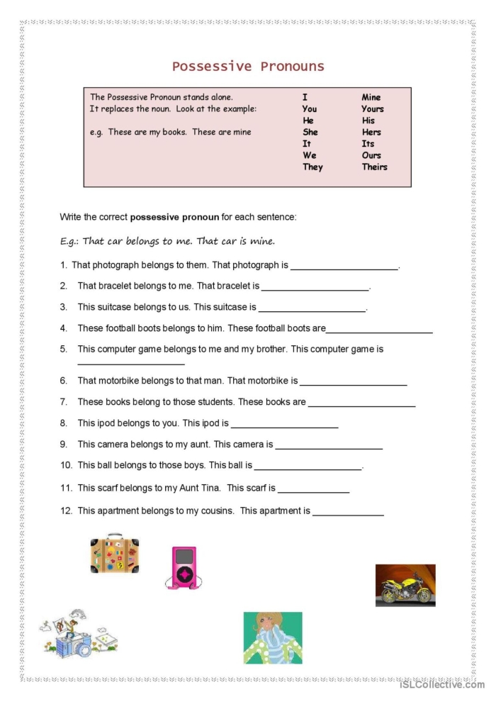 Third grade grammar worksheet featuring practice exercises on possessive pronouns for eleven