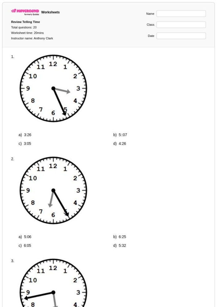 Children engaged in a Dates and Time Review worksheet, practicing telling time and using a calendar. Practice Telling Time worksheet for third graders focusing on measurement skills.