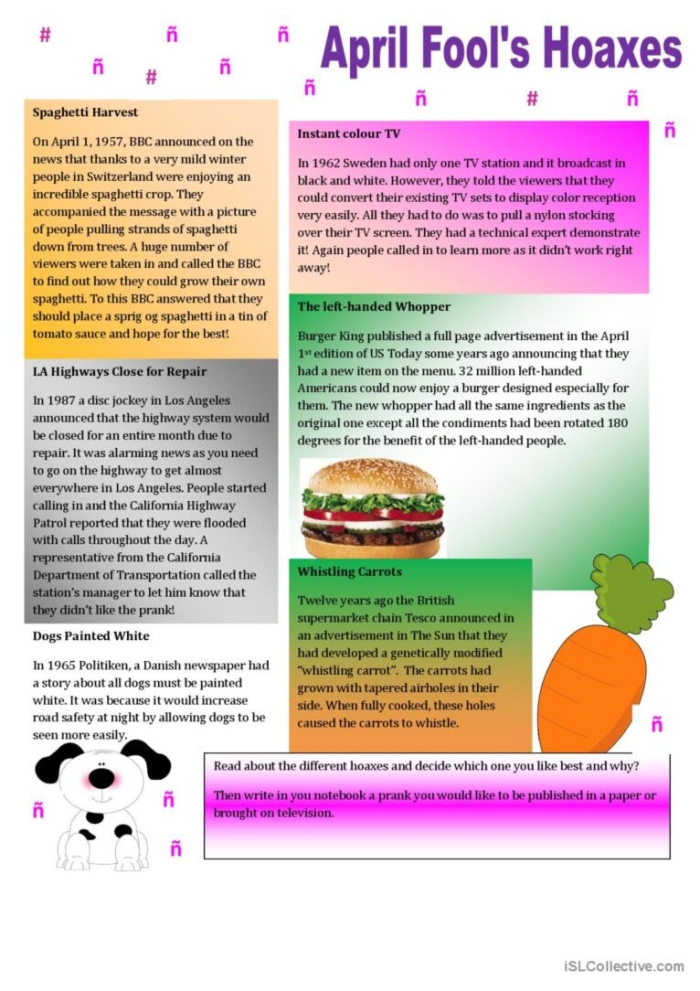 April Fools' Day Hoaxes worksheet for third graders featuring six famous pranks