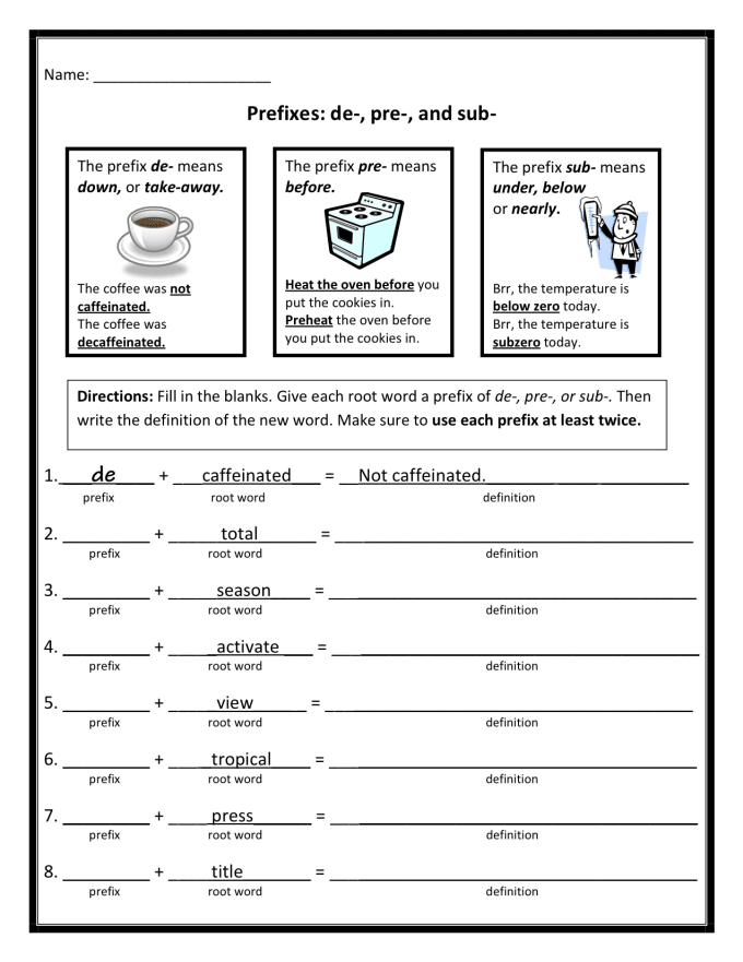 Worksheet for studying the prefix "pre-" to enhance vocabulary skills in third graders