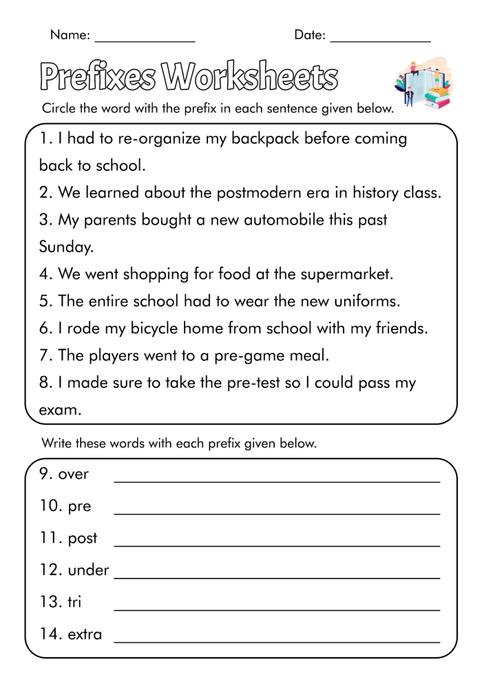 Worksheet for studying the prefix "pre-" in third grade phonics