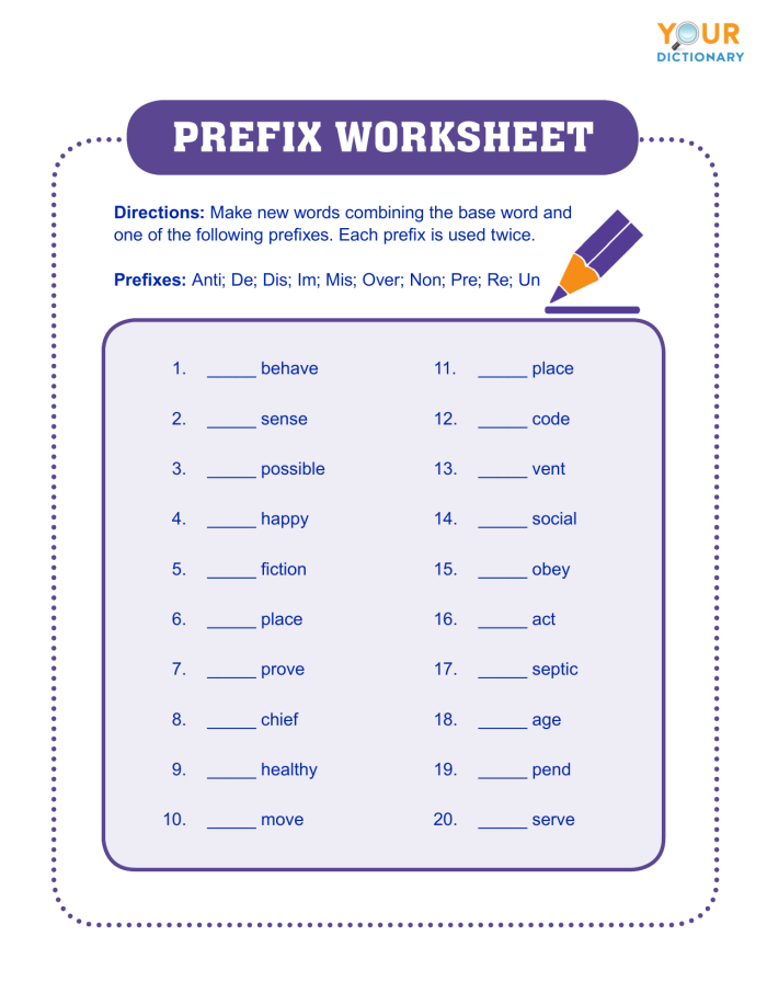 Worksheet for studying the prefix "pre-" in phonics for third graders