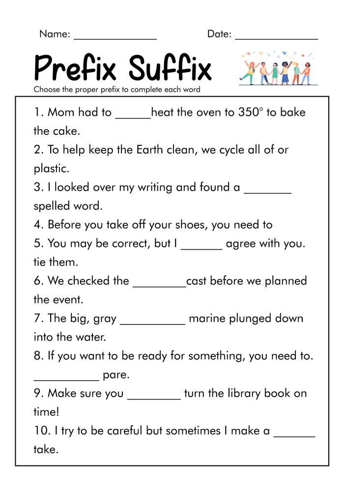 Worksheet for studying the prefix "pre-" in third grade phonics