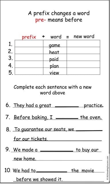 Worksheet focusing on the prefix 'pre-' for third grade phonics students