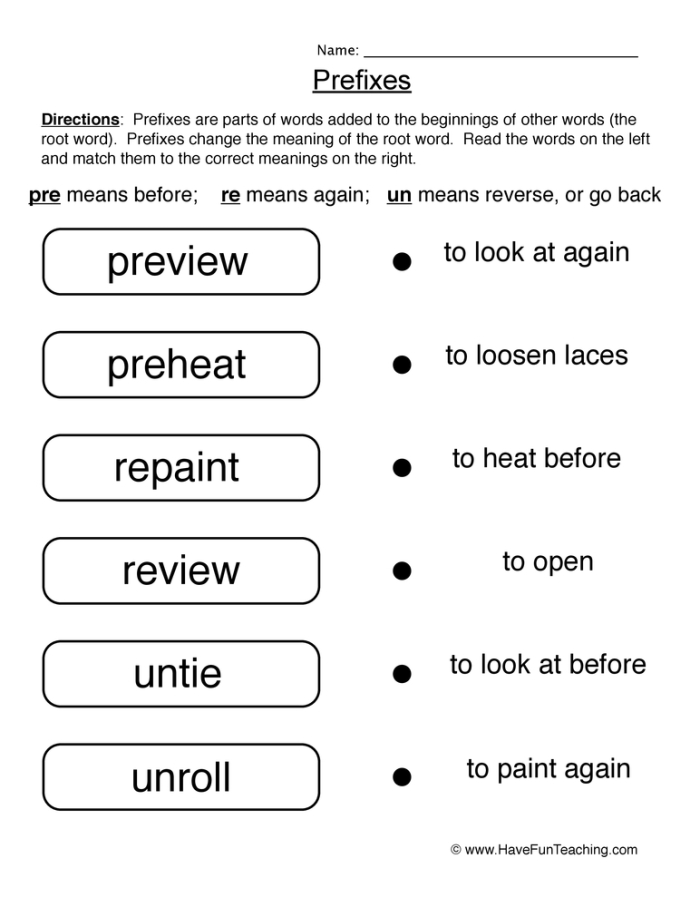 Worksheet for studying the prefix "pre-" to enhance third graders' phonics skills