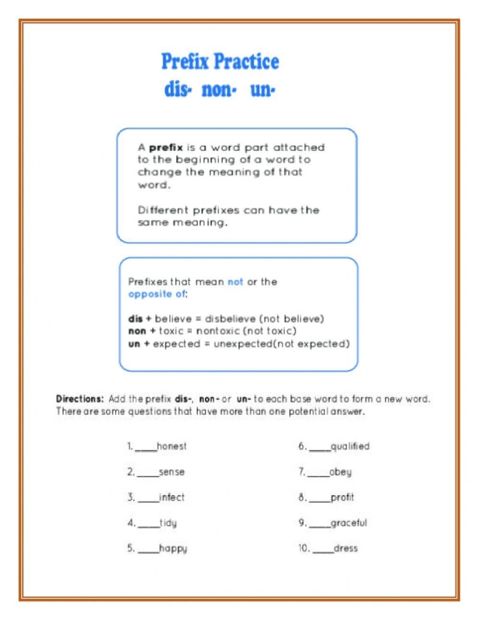 Prefix Practice Worksheet 10: Learning Dis-, Un-, and Non- Prefixes for Third Grade Writers Third grade students completing prefix practice exercises with dis-, un-, and non- word examples on worksheet 10