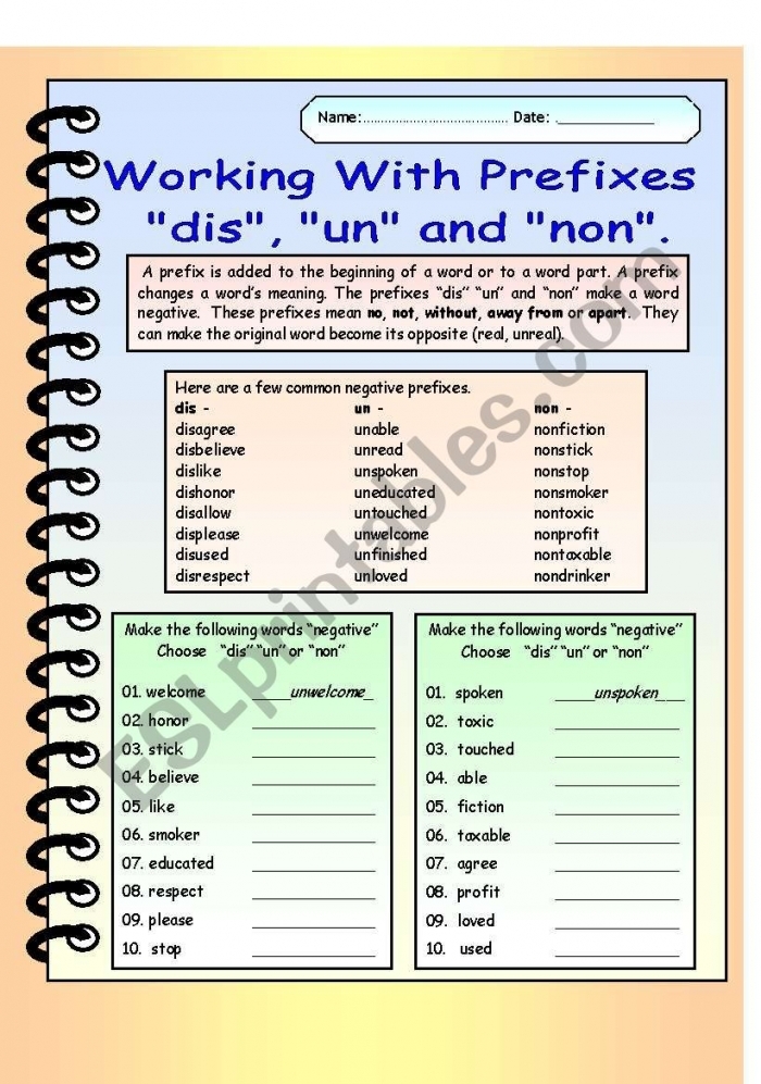 Prefix Practice Worksheet 8: Learning dis-, un-, and non- prefixes for elementary writers Third grade students completing prefix practice exercises with dis-, un-, and non- words on worksheet page 8