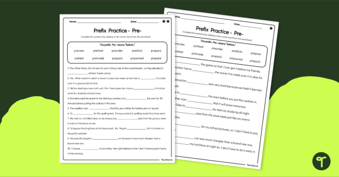 Worksheet for exploring the prefix "pre-" to enhance vocabulary skills in third graders