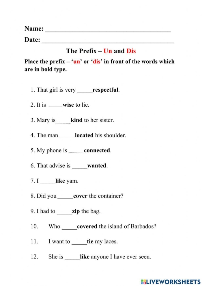 Prefix Practice Worksheet 15 for Elementary Students Learning Dis- Non- and Un- Prefixes Third grade worksheet showing prefix practice exercises with dis- non- and un- prefix words and fill-in activities