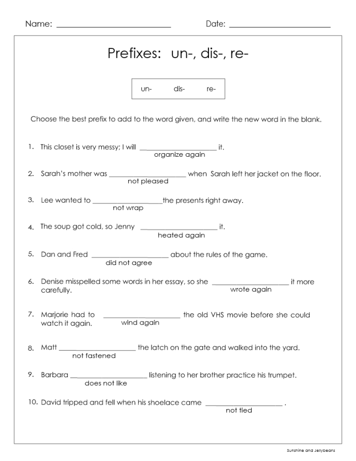 Prefix Practice Worksheet 13 Showing Dis- Non- and Un- Prefix Examples for Elementary Writers Third grade students completing prefix practice exercises with dis- non- and un- word formation activities on worksheet 13