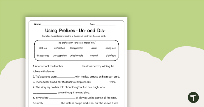 Prefix Practice Worksheet Twenty-Four Dis Non Un Exercises for Third Grade Third grade students completing a language arts worksheet focused on adding dis, non, and un prefixes to root words