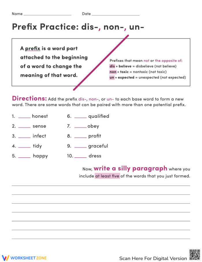 Prefix Practice Worksheet for Elementary Students Learning Dis- Non- and Un Third grade students practicing prefix exercises with dis- non- and un- word examples on a worksheet