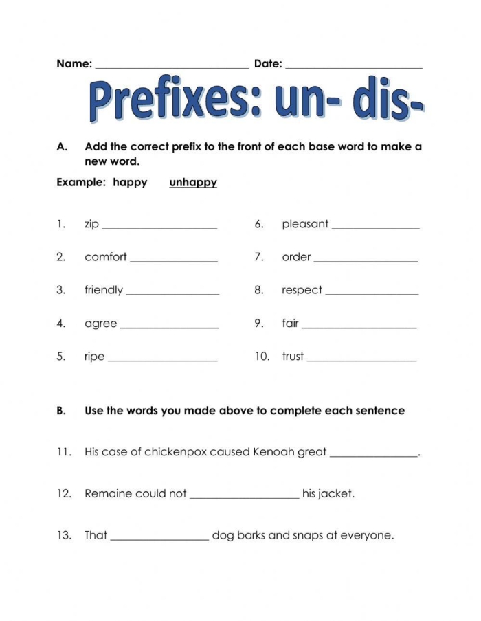 Prefix Practice Worksheet for Third Grade Students Learning Dis- Non- and Un A third grade student worksheet showing practice exercises for the prefixes dis-, non-, and un- with example words and fill-in-the-blank activities