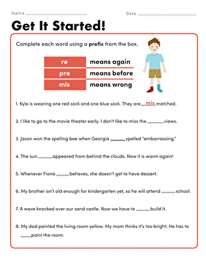 Prefixes: Get It Started! worksheet for practicing reading and writing skills in third grade Worksheet for third graders on prefixes, featuring practice exercises for three common prefixes