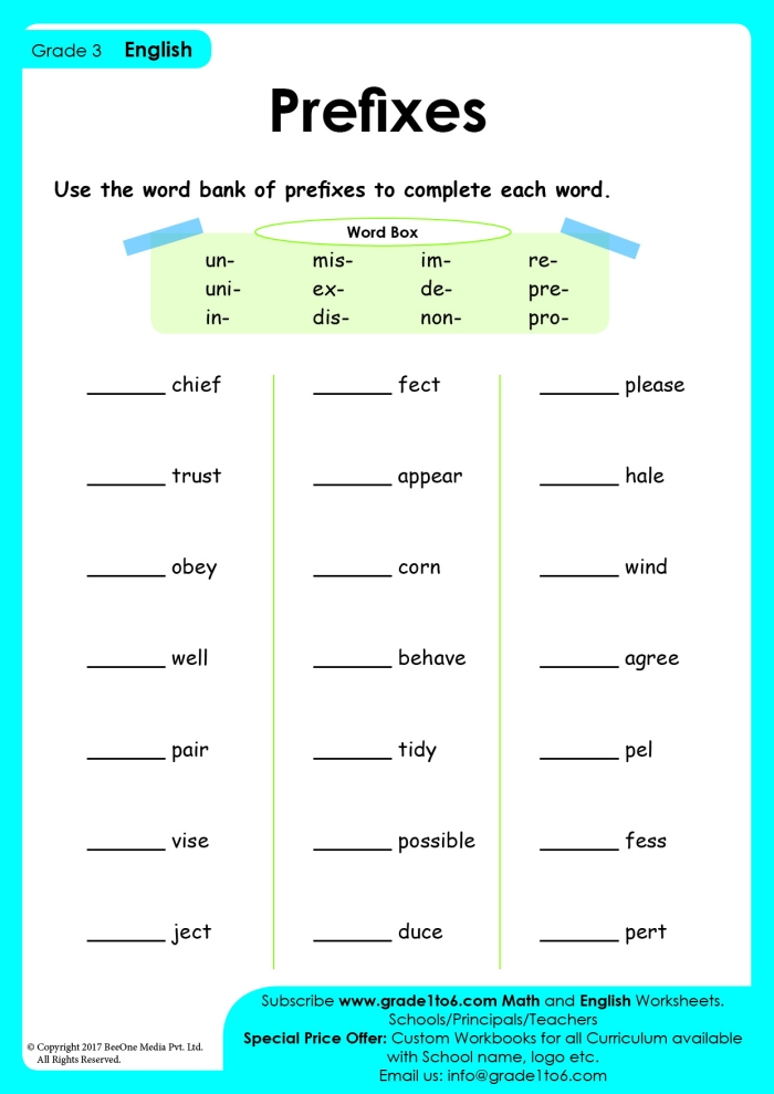 Third grade student practicing how to attach correct prefixes to root words on a printable learning page